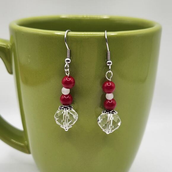 Handmade Earrings with Crystal, Red Coral, and Moonstone – 2" Dangle - Picture 10 of 10